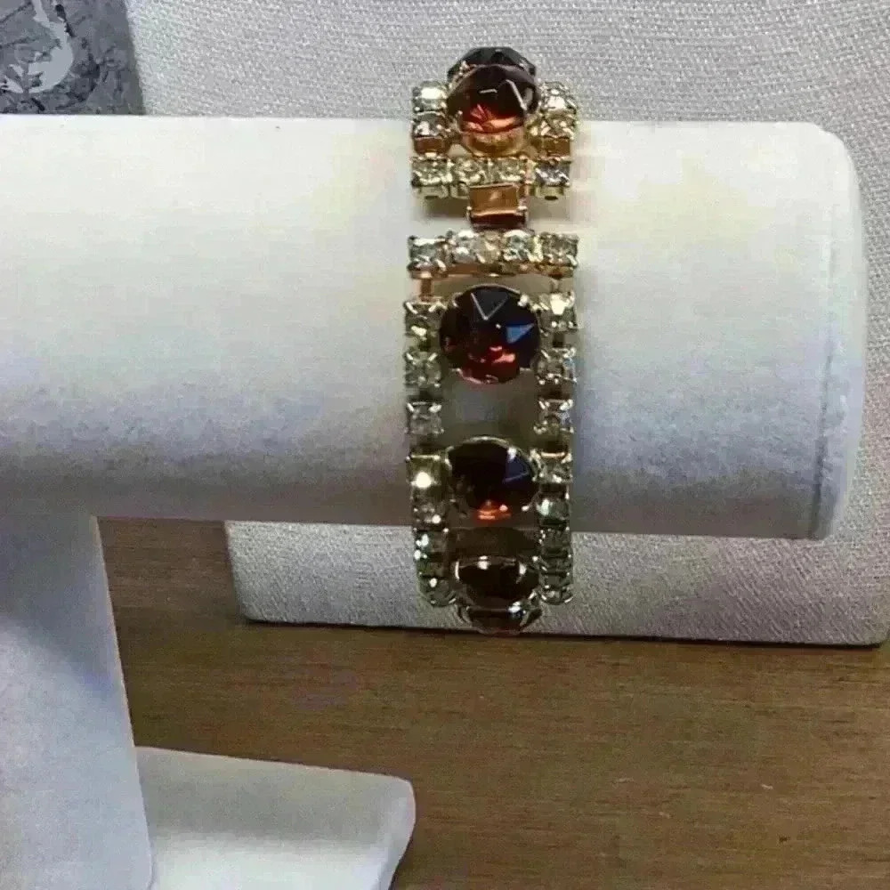 Gold and Amber Colored Glass Rhinestone Bracelet Vintage - Picture 2 of 4